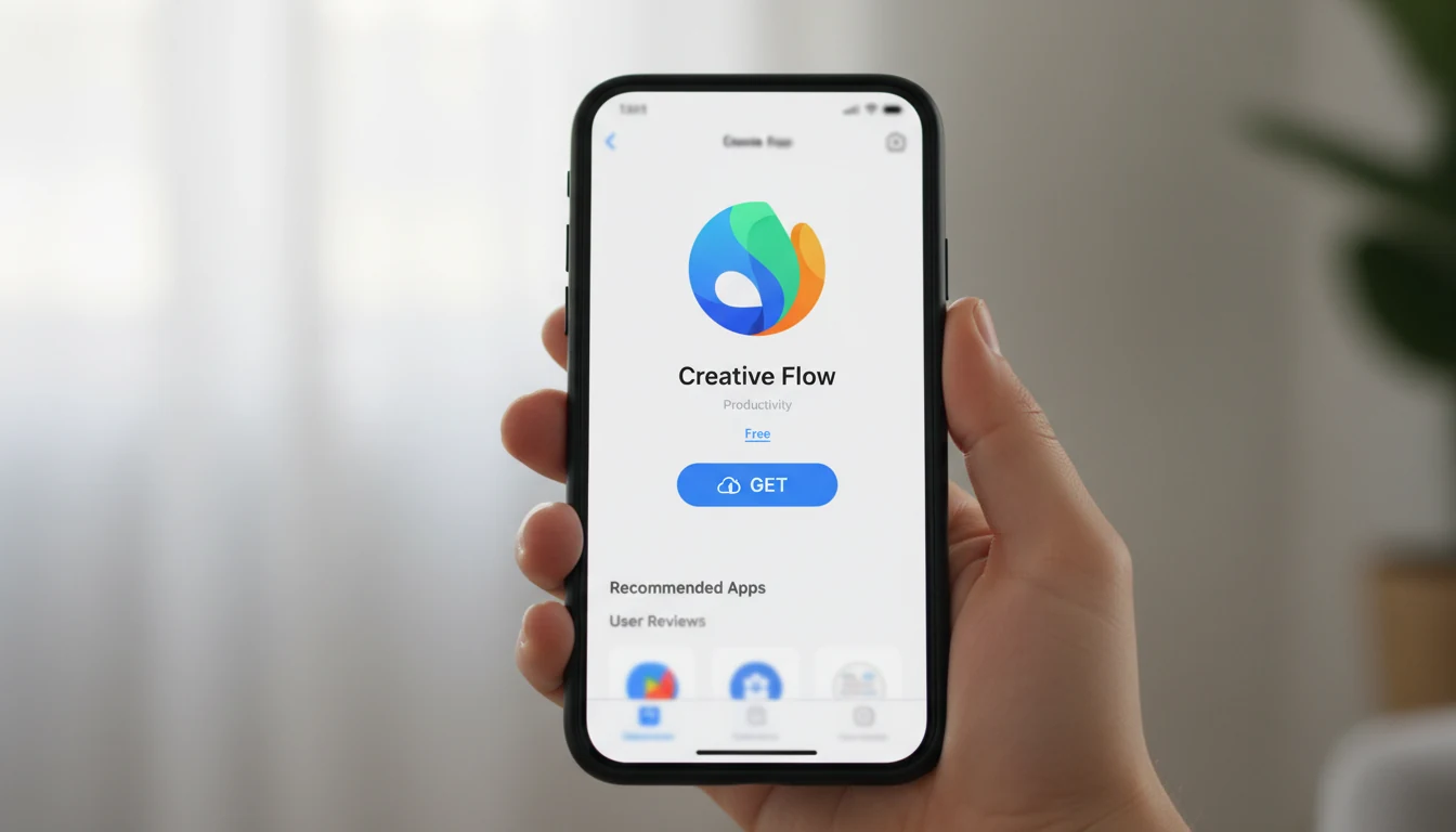 Hand holding smartphone displaying app store with download button visible