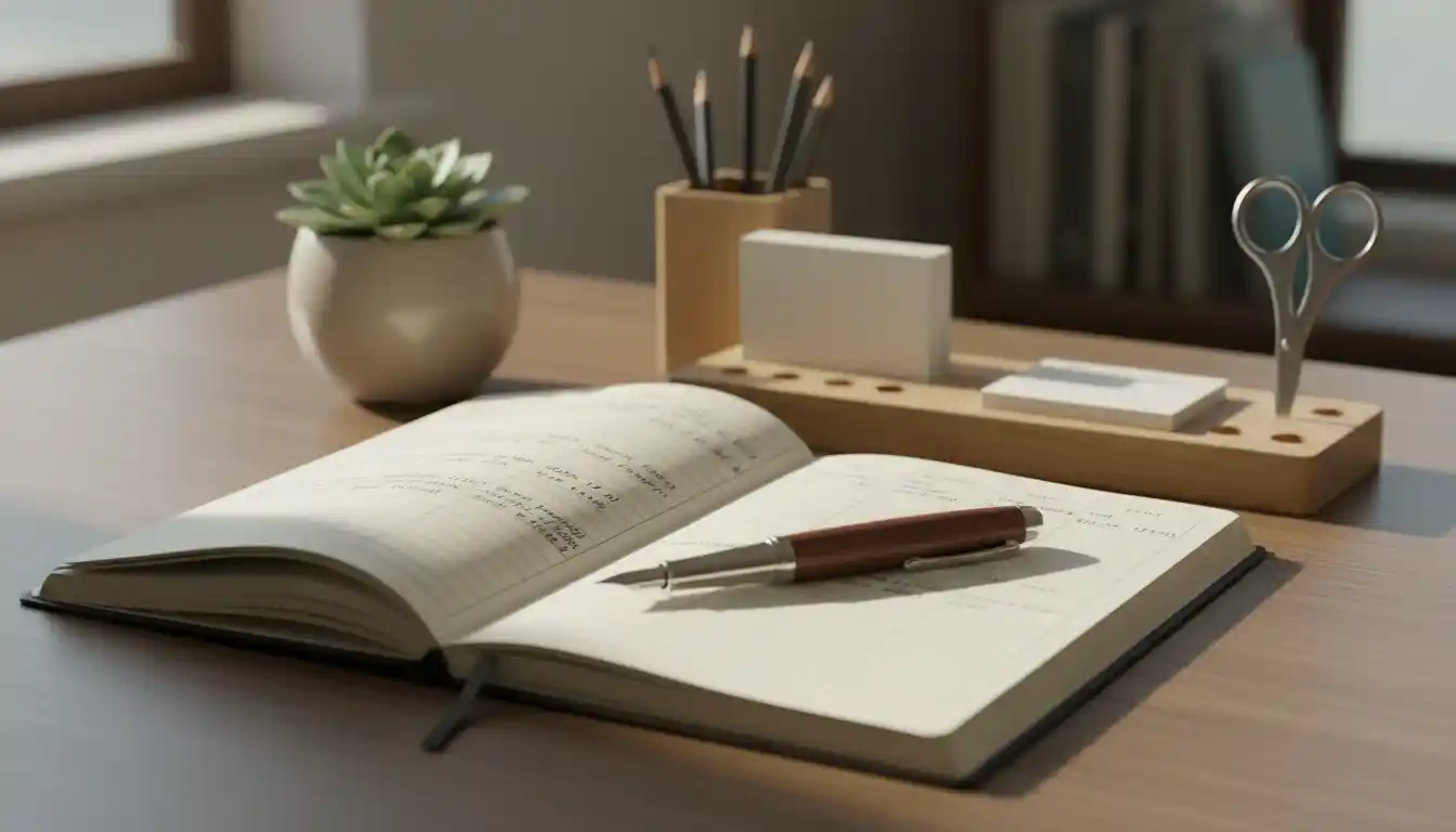 Open notebook with pen showing organized notes and planning on wooden desk