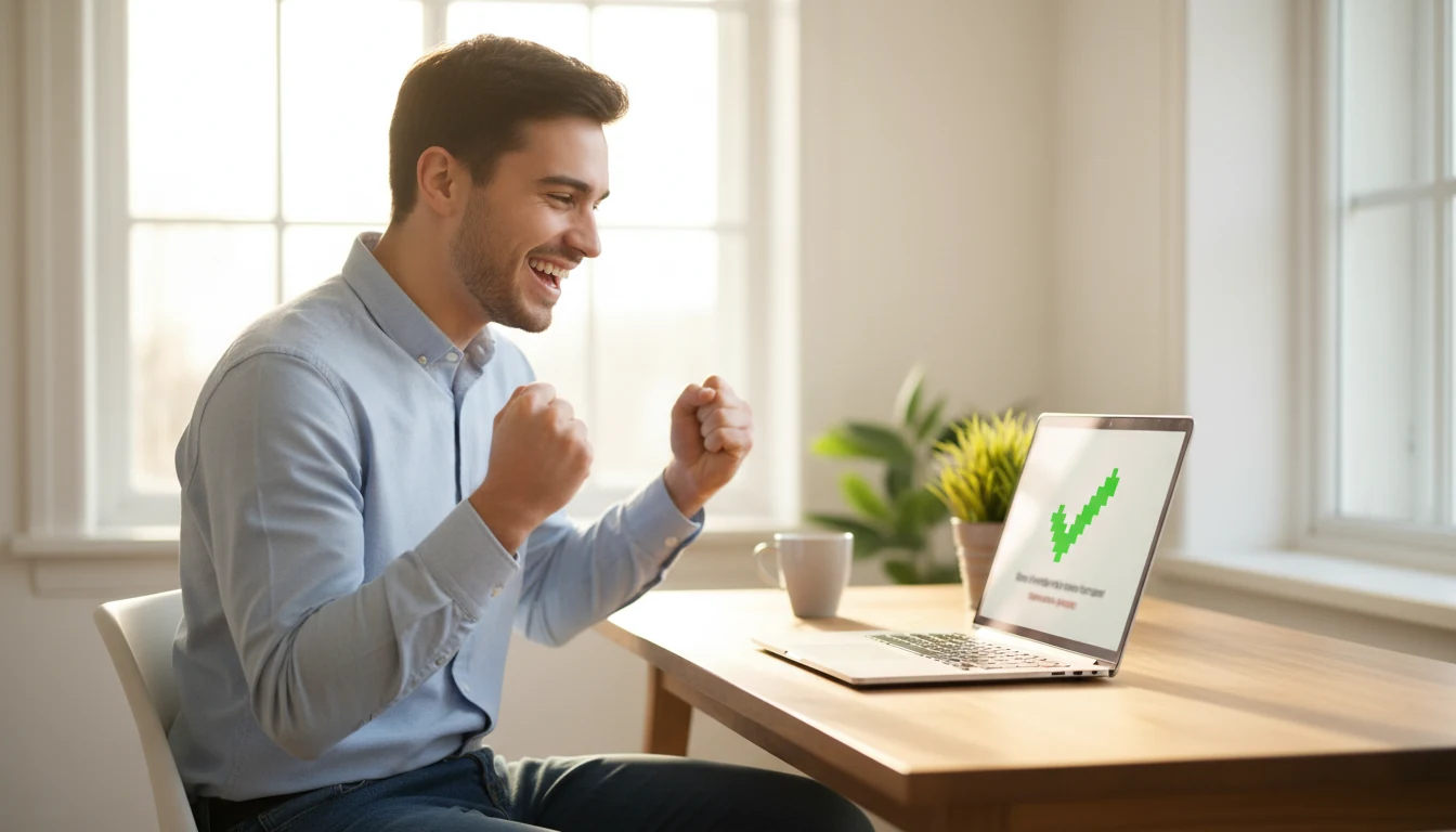 Happy person looking at laptop screen with excited expression suggesting a reward