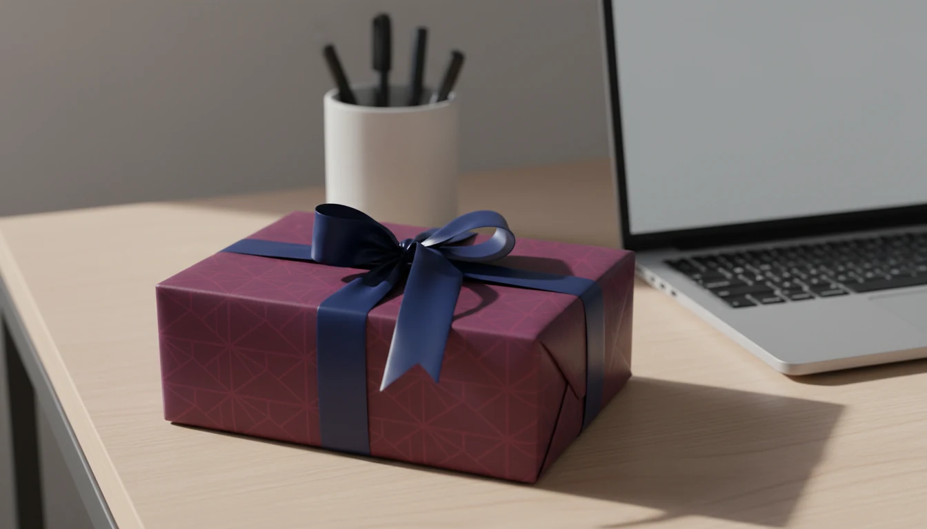 Wrapped gift box on desk near laptop symbolizing promotional bonus offer