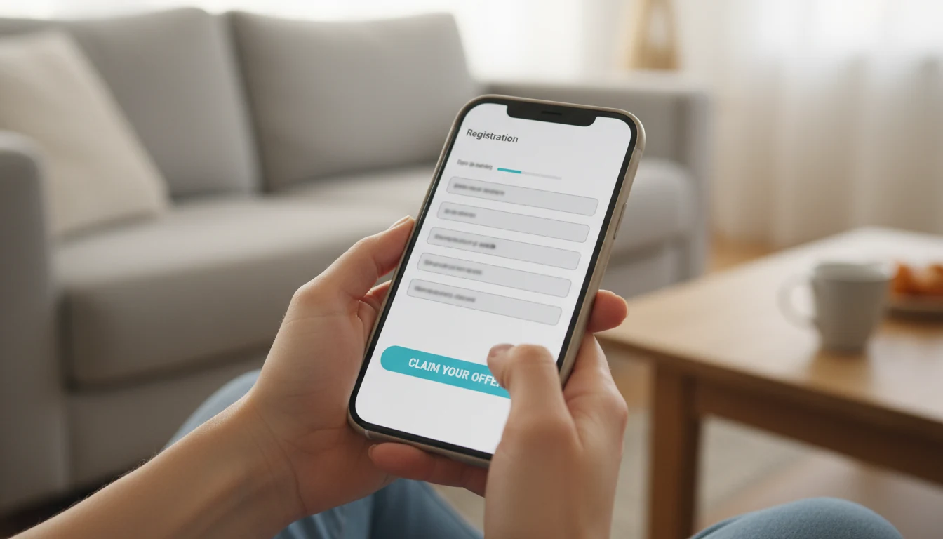 Person holding smartphone completing registration process on screen