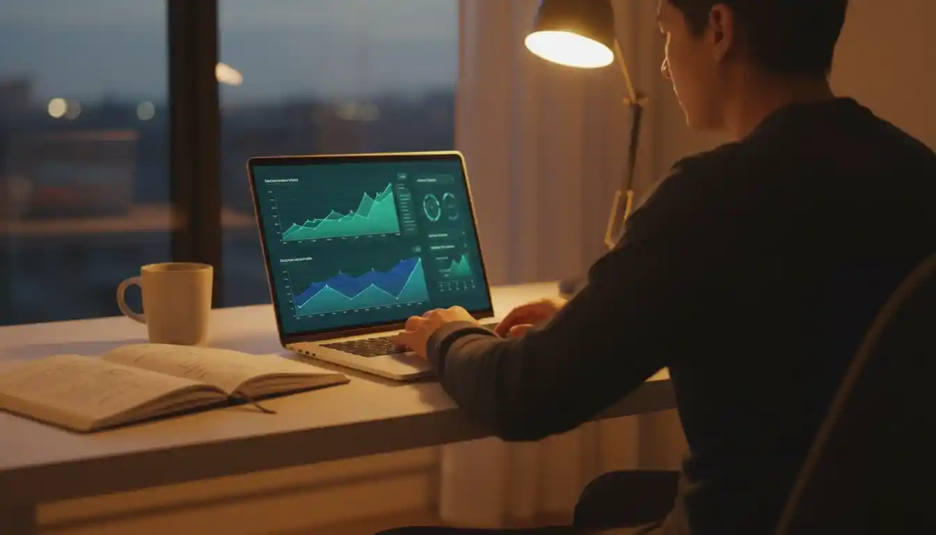 Person analyzing cricket match statistics and data on laptop screen
