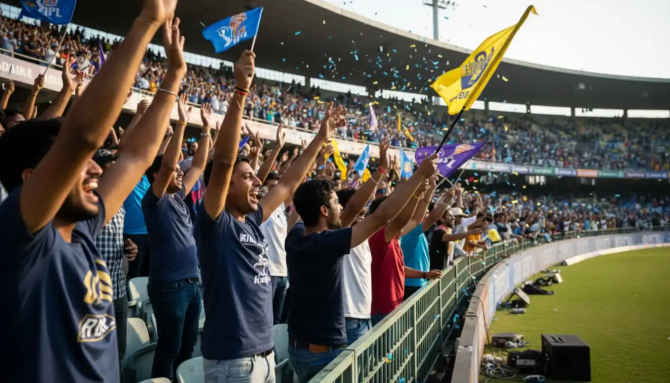Enthusiastic cricket fans cheering in stadium stands during IPL match