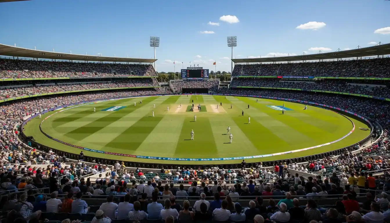 Professional cricket stadium with players on field during daytime match