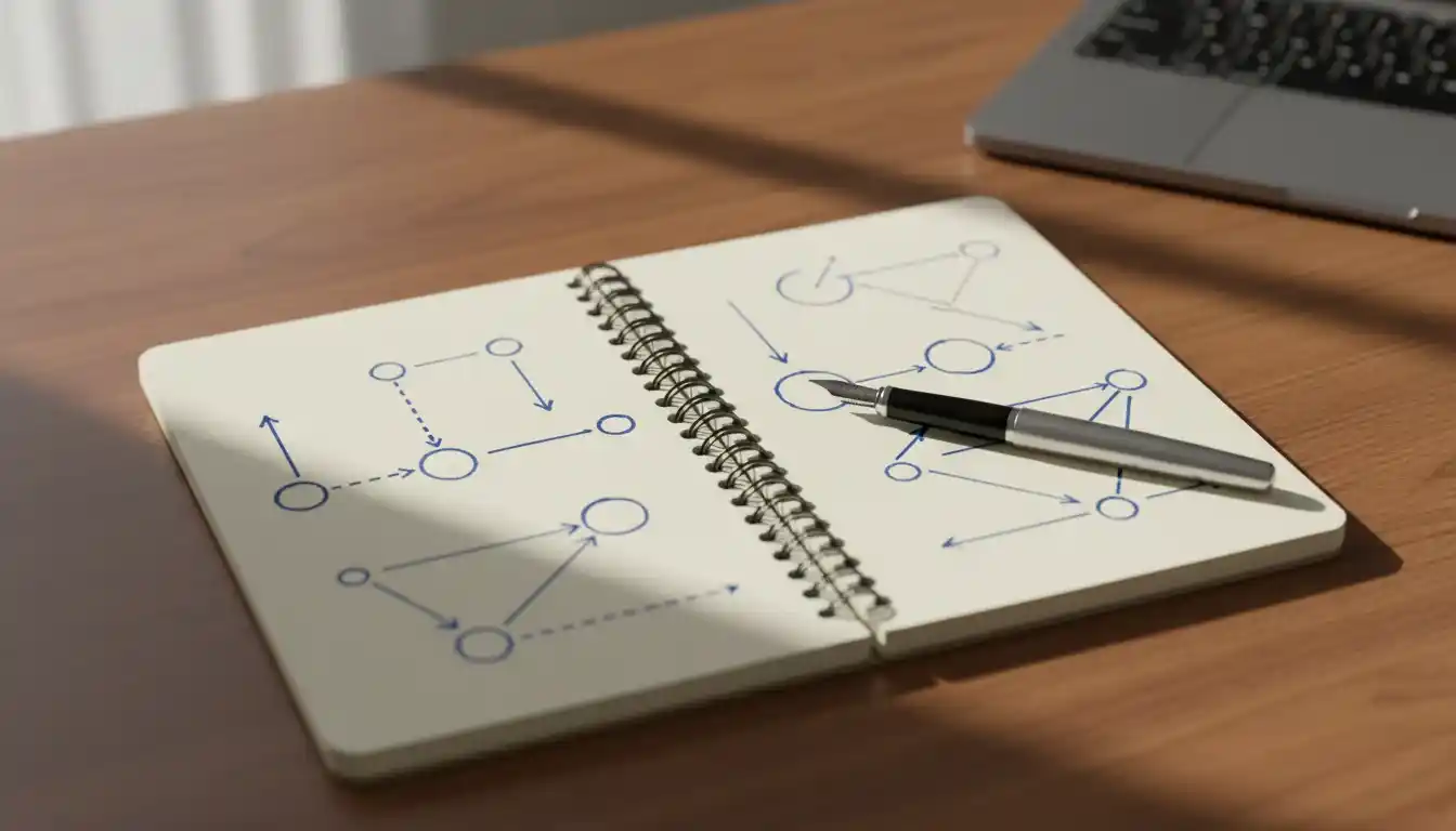 Notepad with handwritten notes and pen on desk suggesting strategic planning