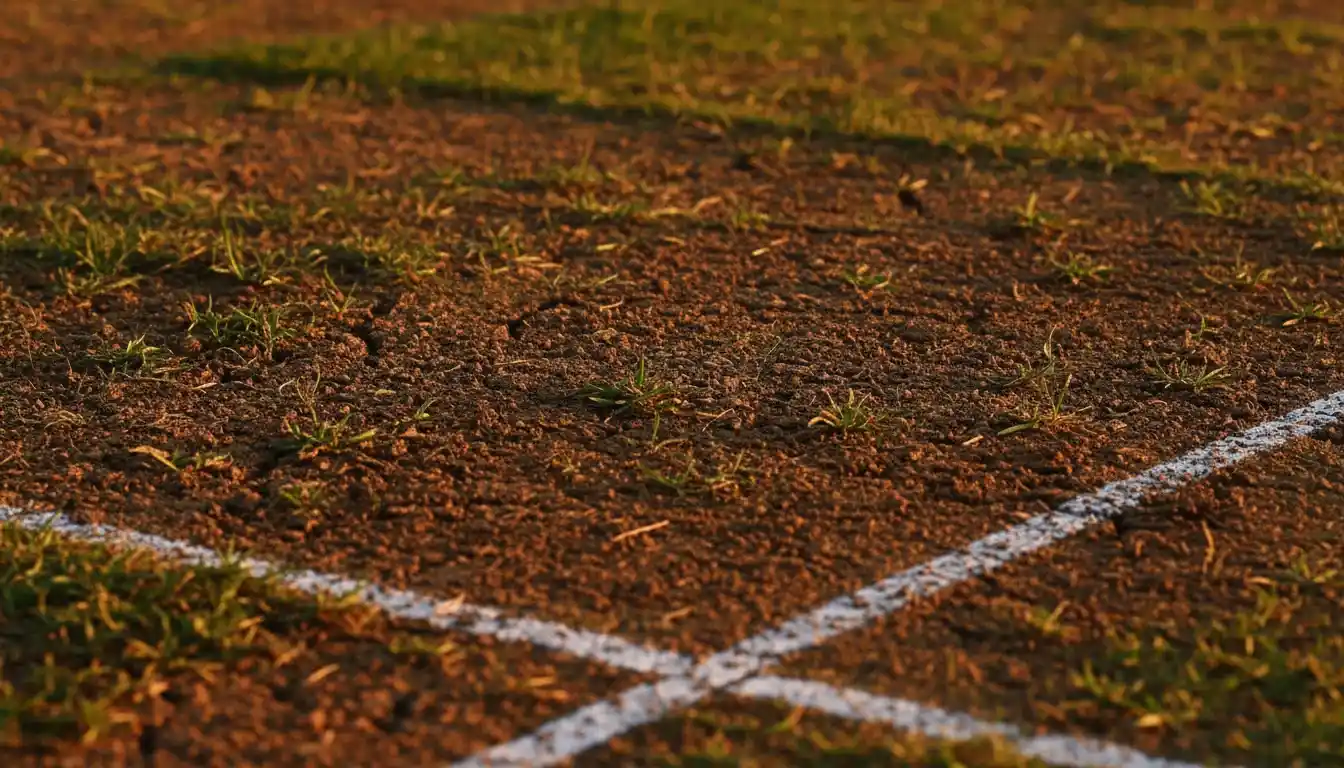Close-up view of cricket pitch surface showing grass texture and wear patterns