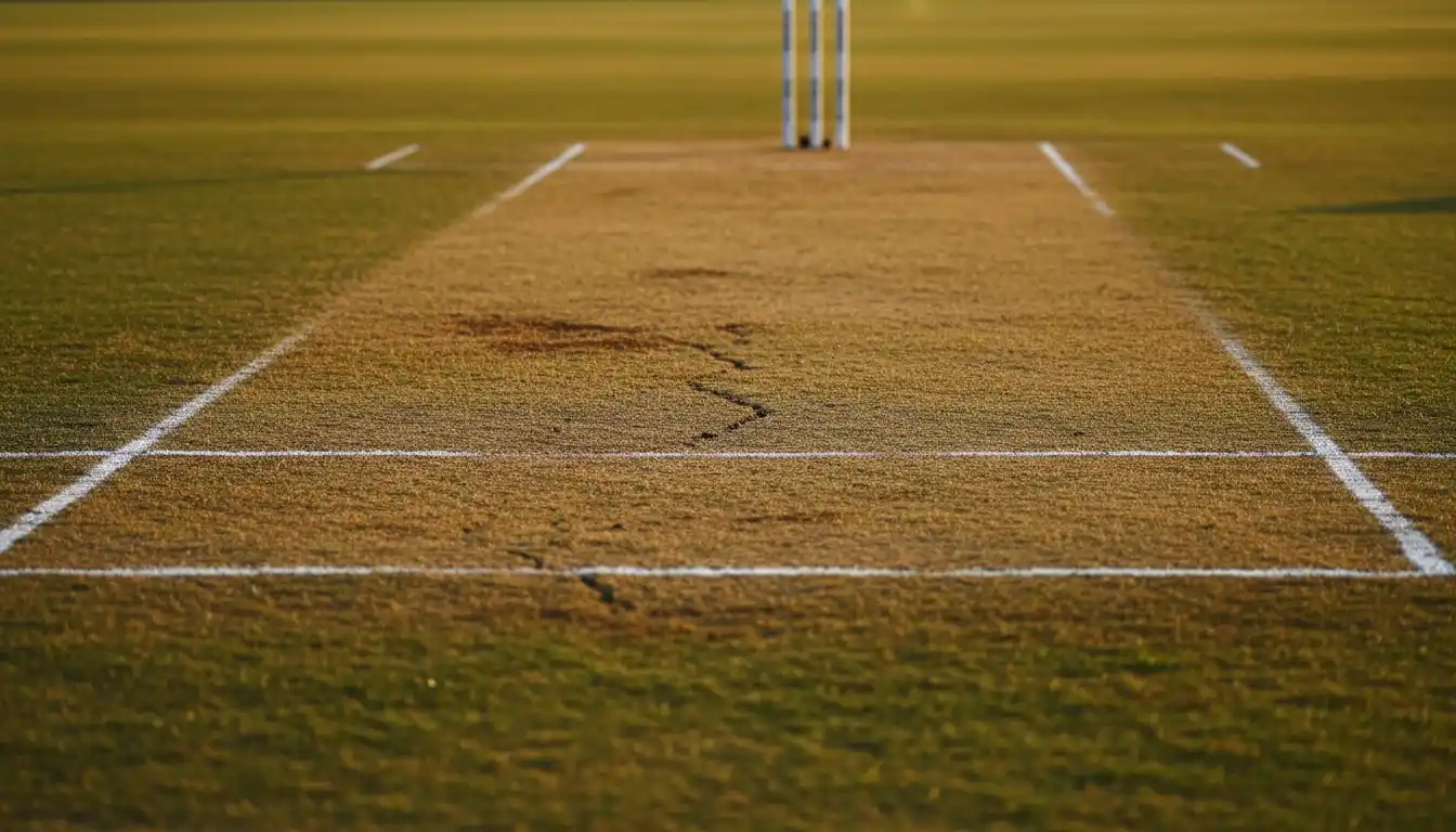 Professional cricket pitch with visible grass texture and crease markings