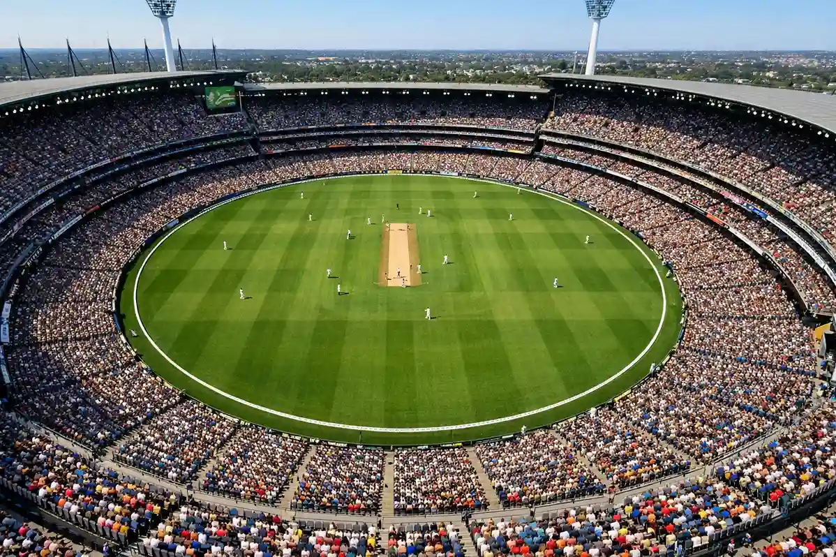 Aerial view of a packed cricket stadium during an international match