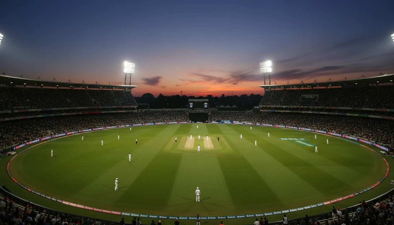 Cricket stadium atmosphere with fans watching a professional match under floodlights