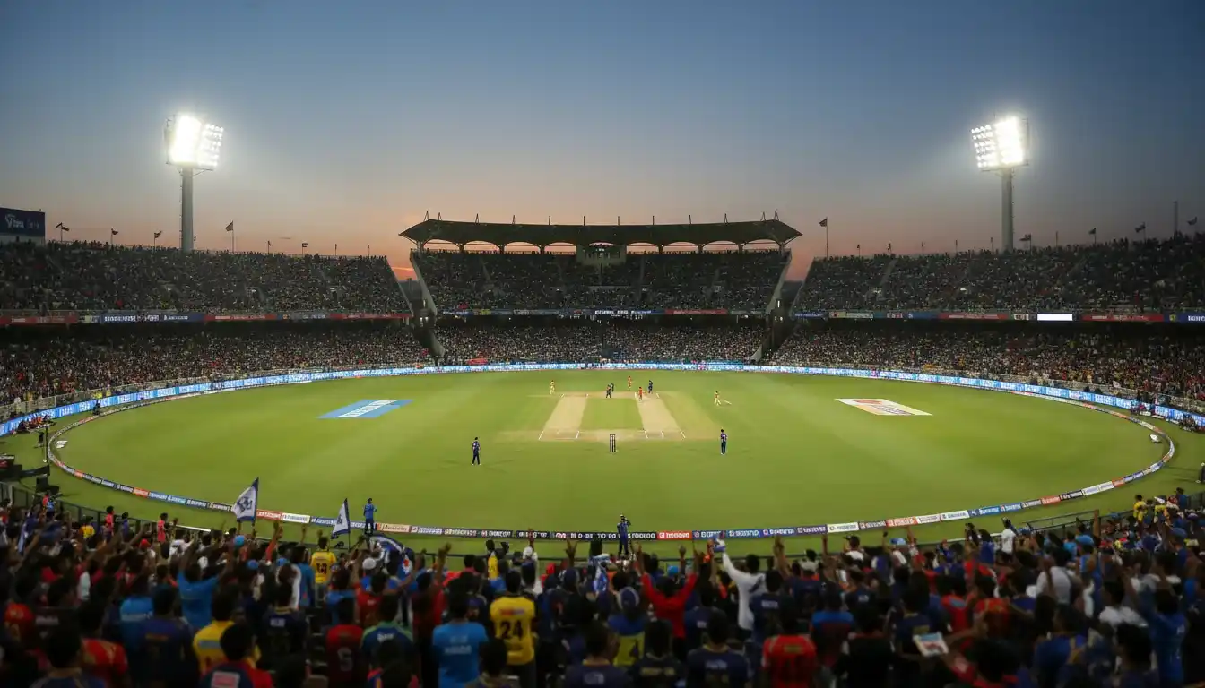 Illuminated cricket stadium during an IPL night match with packed stands