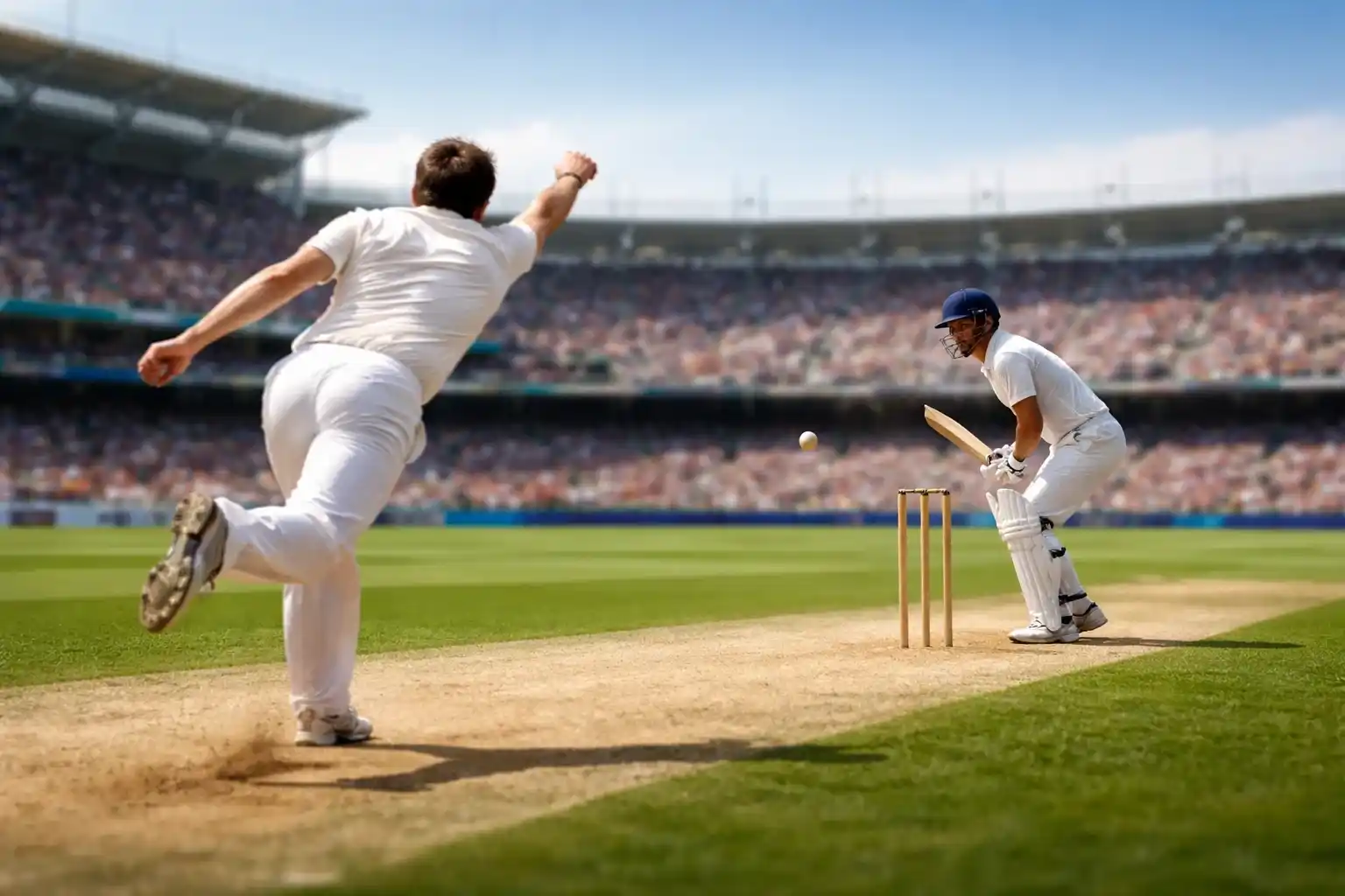 Cricket bowler delivering the ball to batsman during a professional match