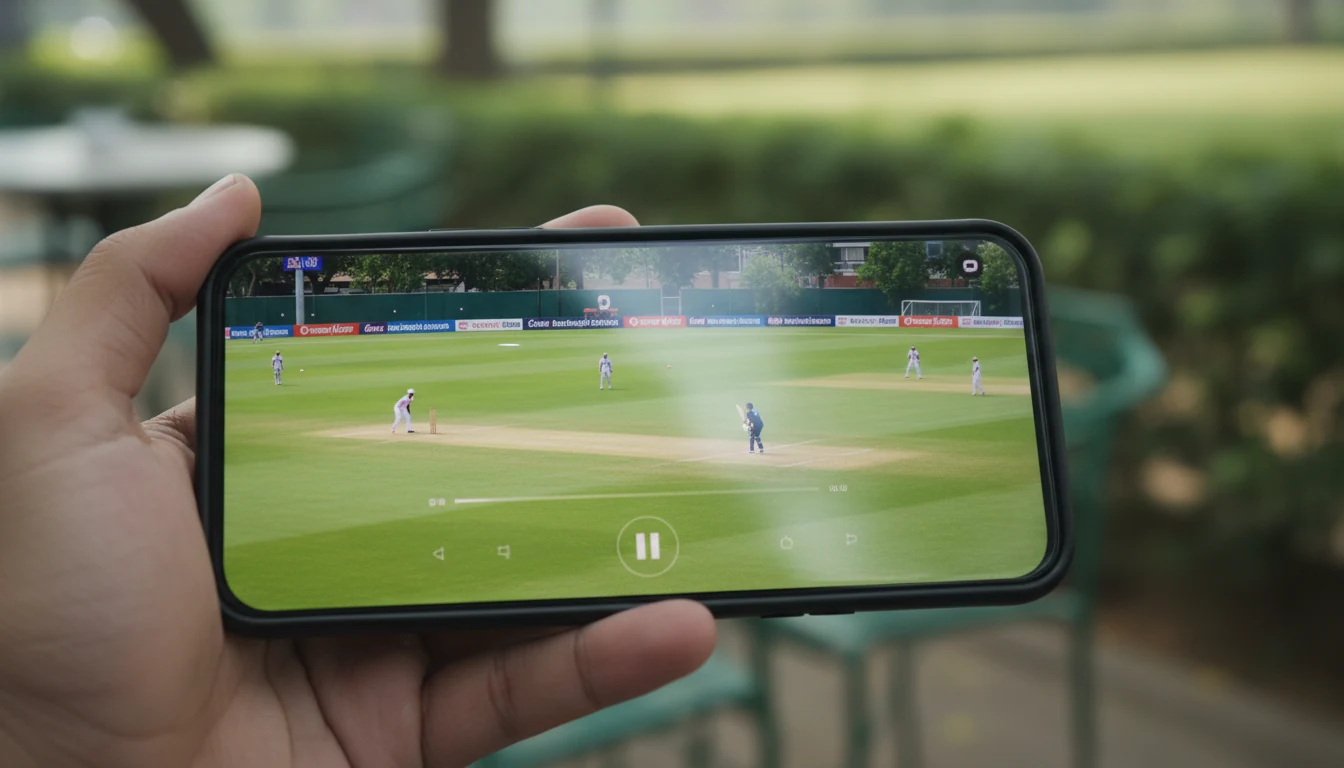Smartphone screen showing live cricket match stream with player in action