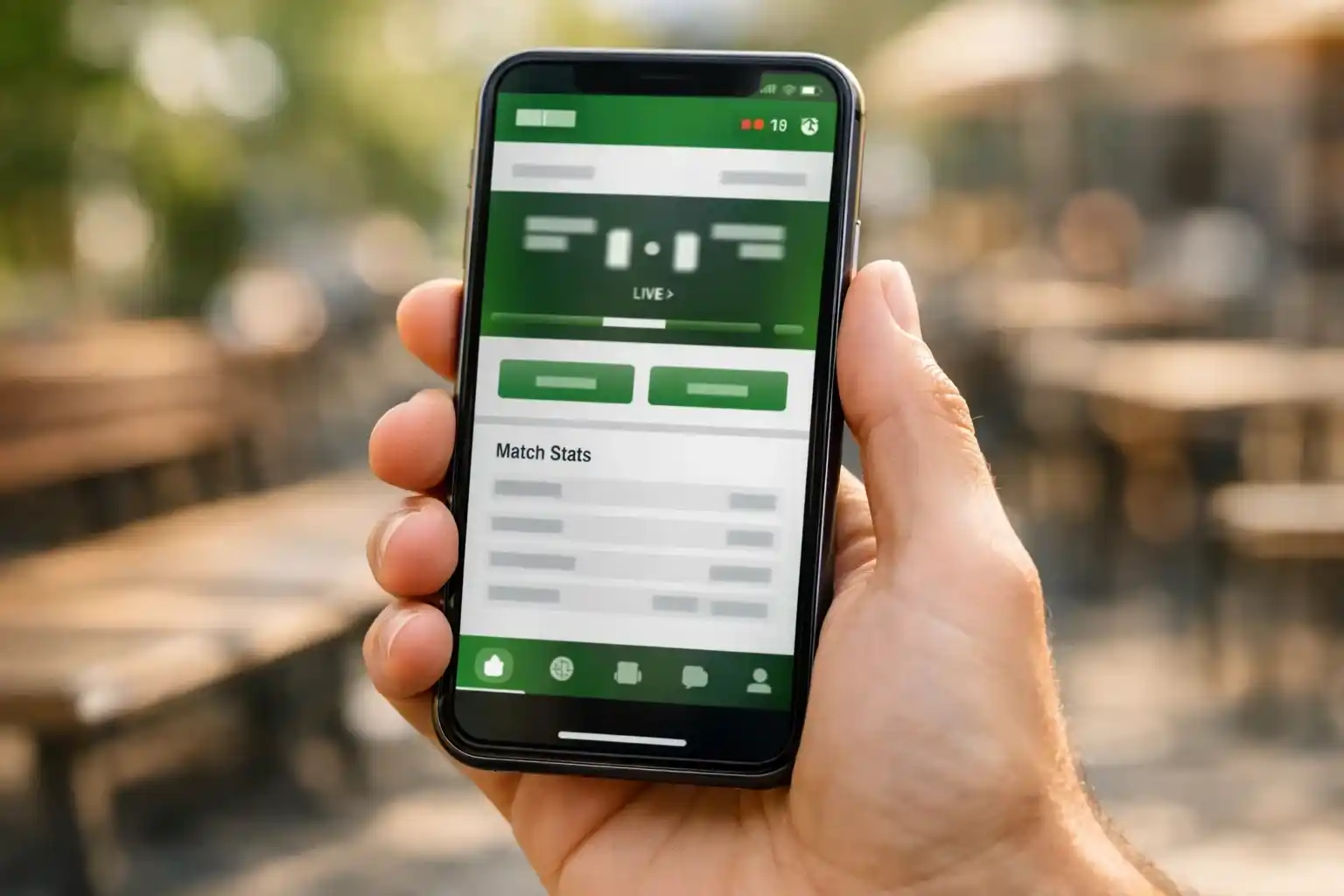Hand holding smartphone with sports application showing live scores