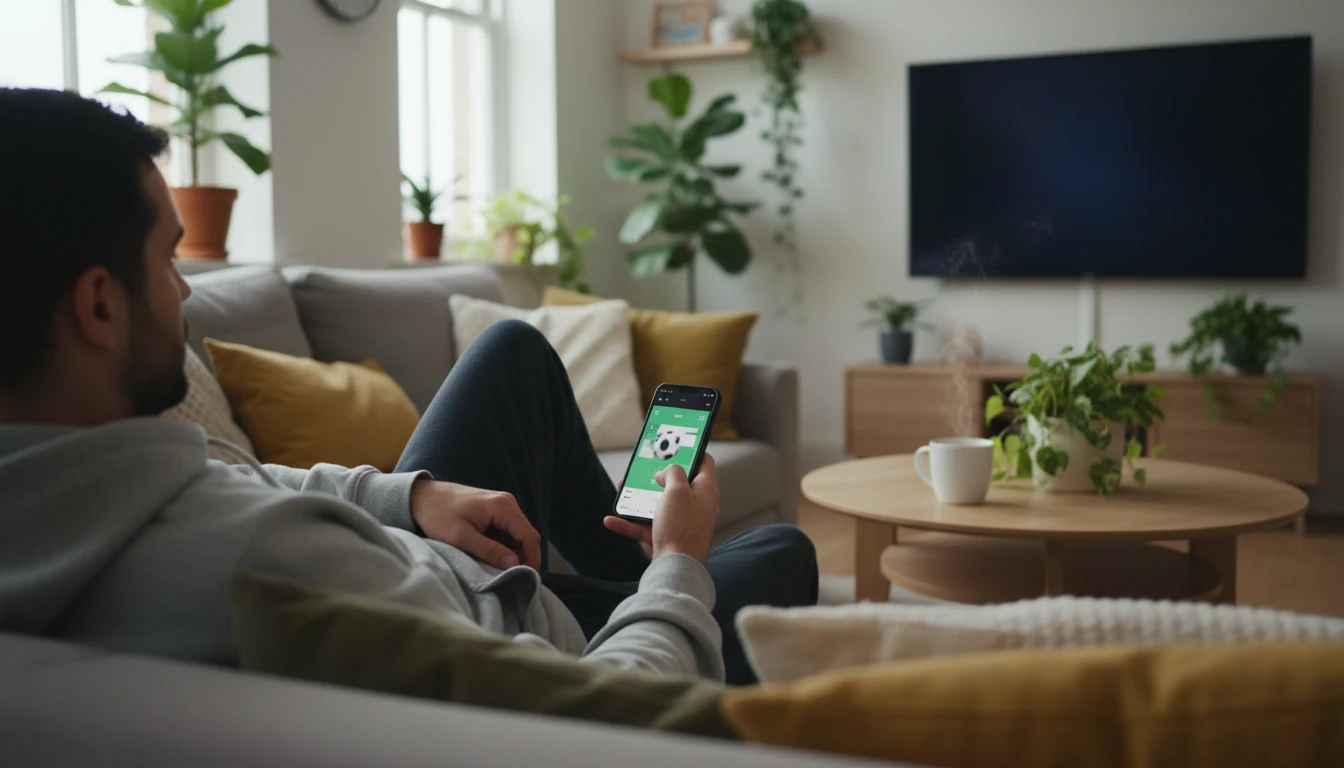 Relaxed person on sofa using smartphone for sports betting with TV in background