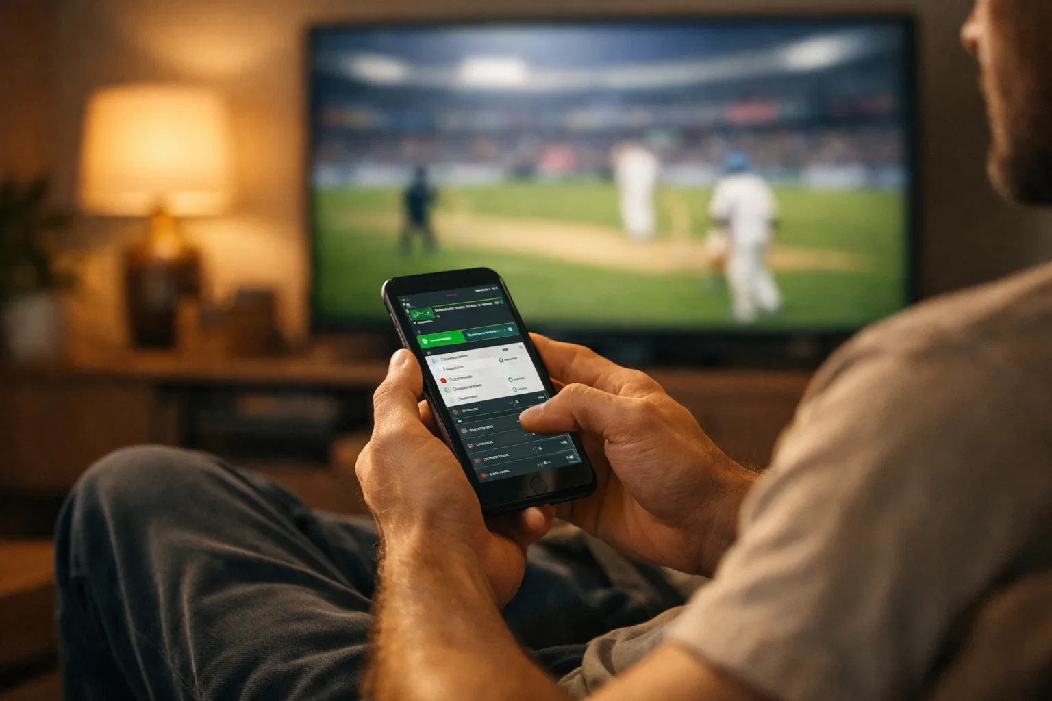 Person using a cricket betting app on smartphone while watching match on TV