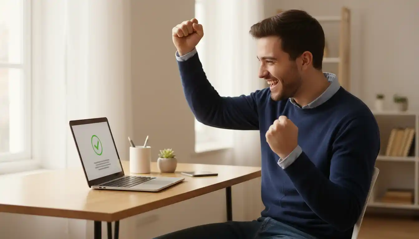 Happy person making a celebratory gesture while looking at laptop screen