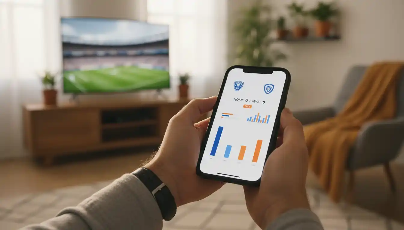 Person holding smartphone displaying live sports scores and statistics