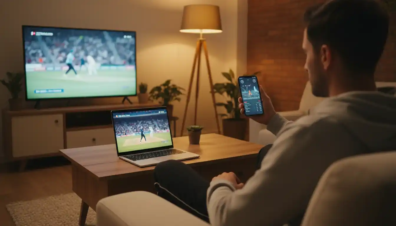 Person watching live cricket match on laptop while holding a smartphone