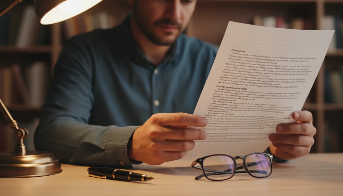 Person carefully reading document with glasses suggesting attention to details