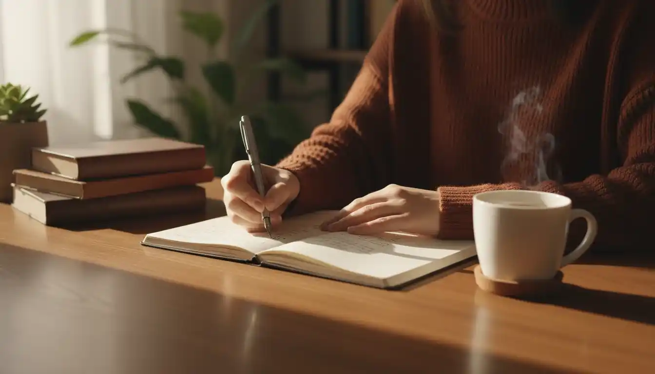 Person thoughtfully reviewing notes in a notebook with a cup of coffee
