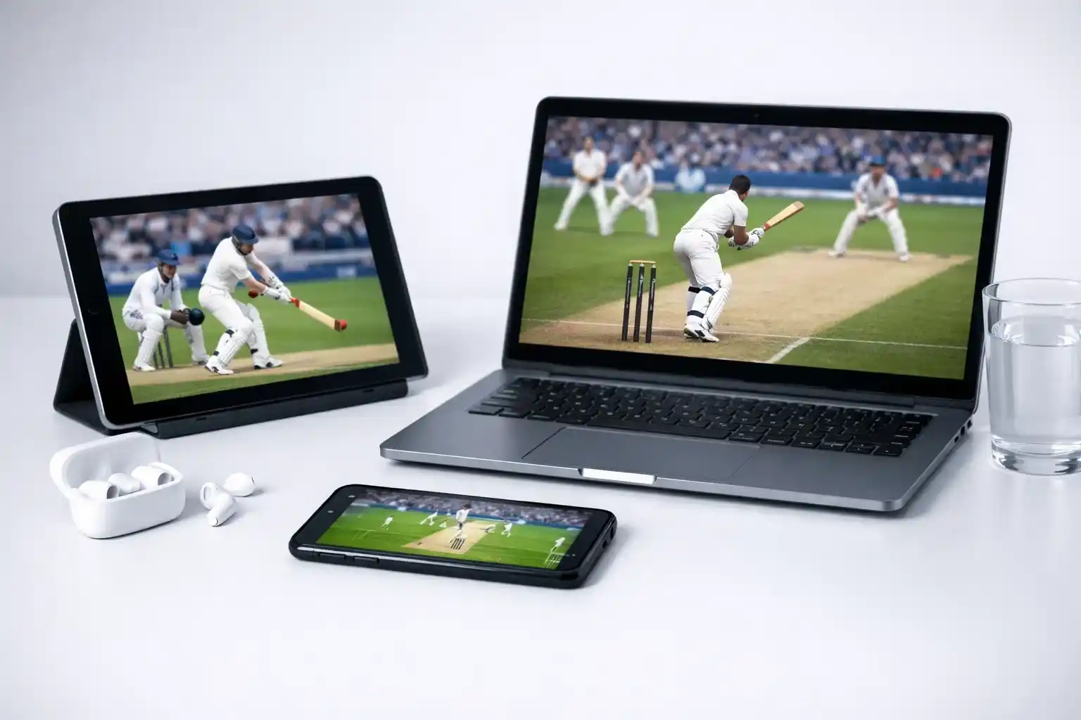 Multiple devices showing live sports streaming including tablet and phone
