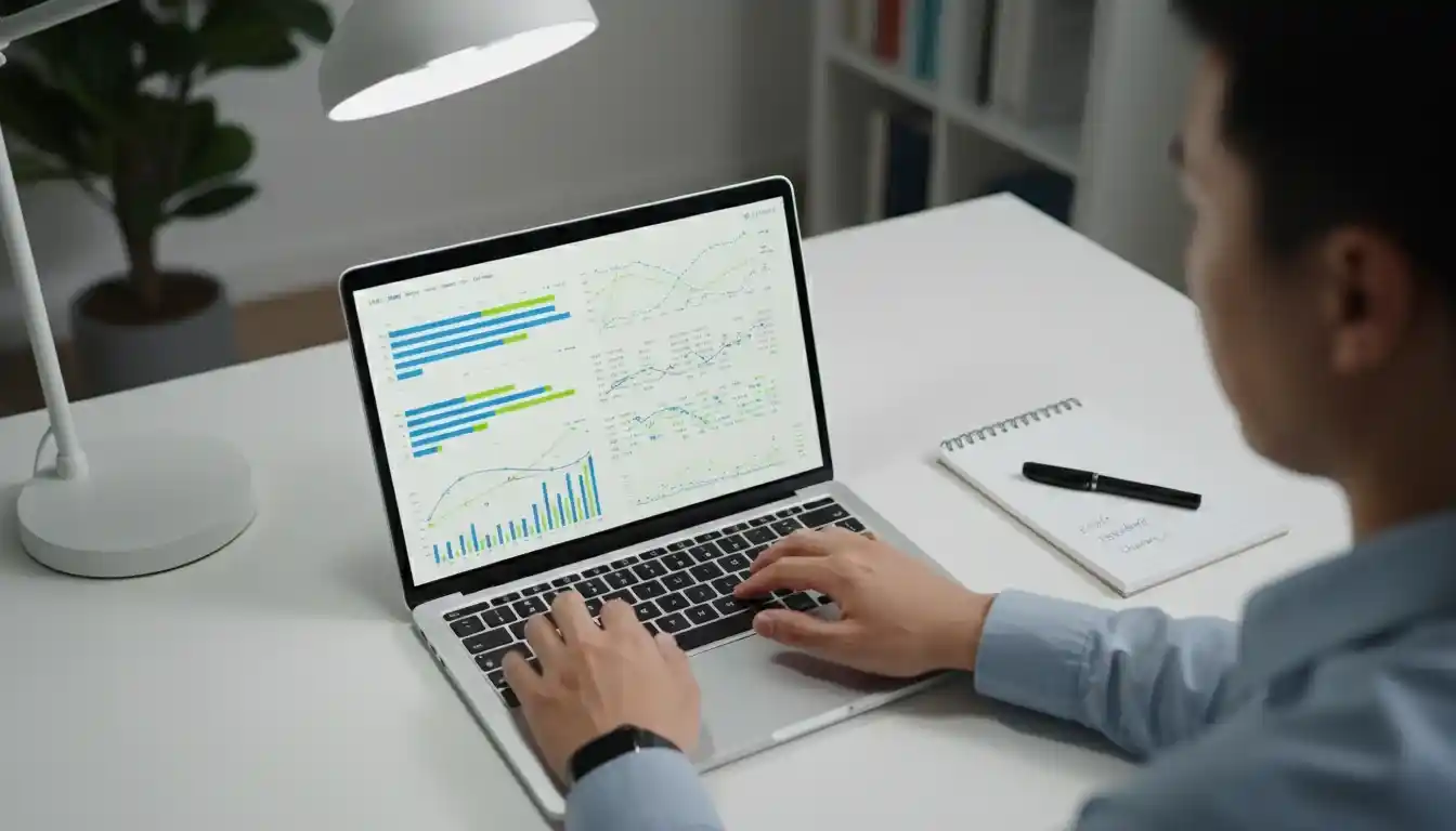 Person working at desk with laptop showing sports analytics dashboard