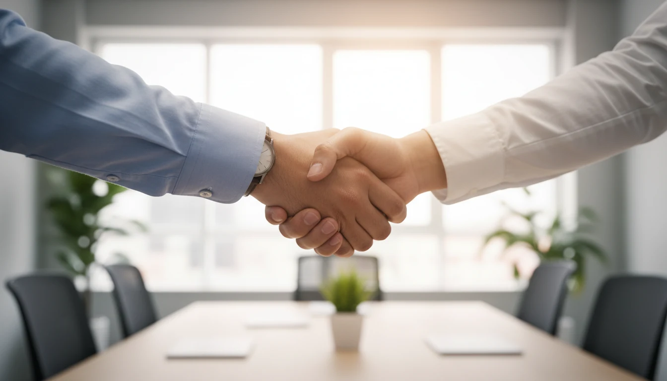 Professional handshake in business setting representing welcome partnership